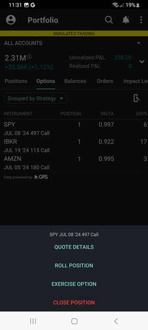 selecting option actions on the Android phone. 